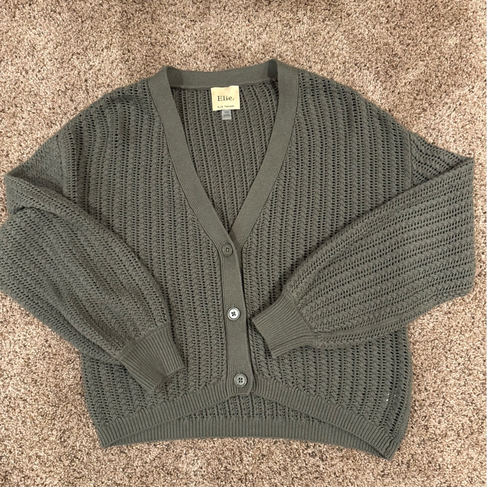 Elie Tahari Olive Open Knit Cardigan M Wool Blend V-Neck
